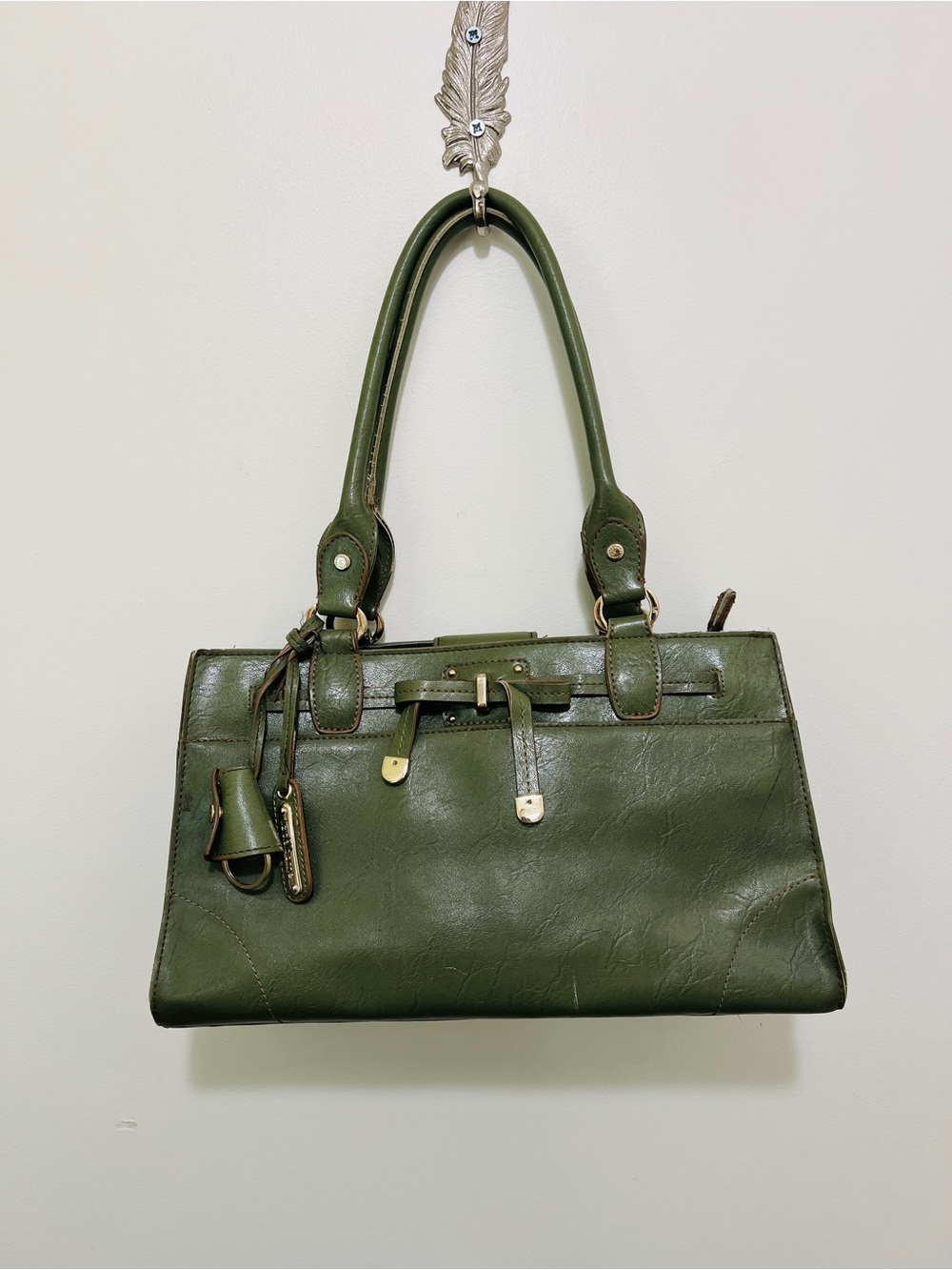 Vintage Liz Claiborne Olive Green Faux Leather Satchel with Gold Accents